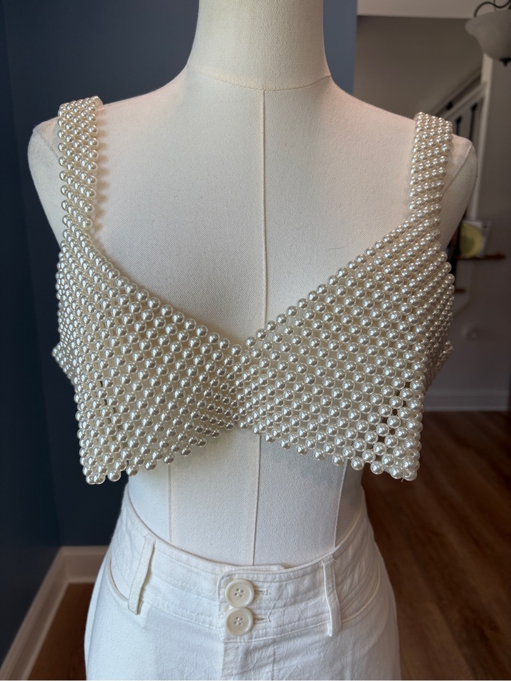 Pearl Beaded Crop Top Ivory Statement Piece One Size